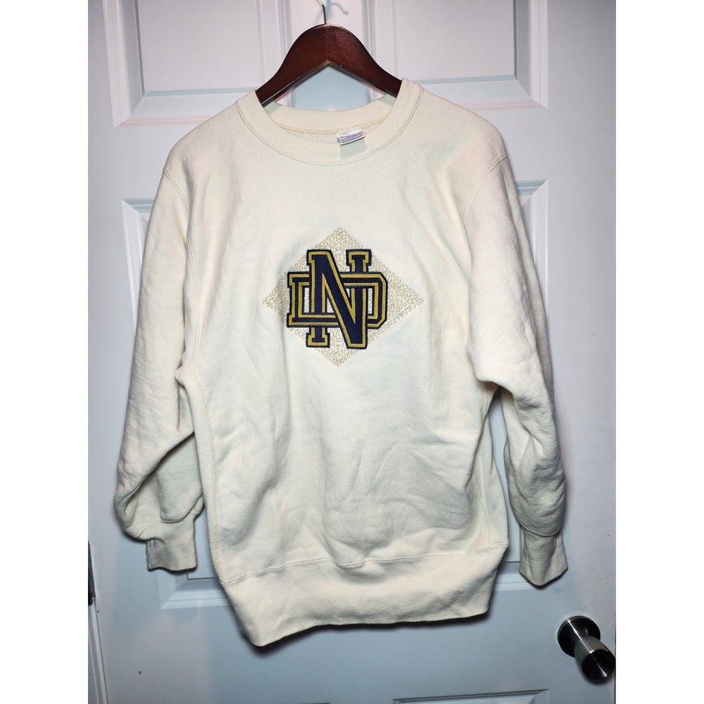Vintage 90s Champion Reverse Weave Notre Dame Sweatshirt Made in USA Cream Large